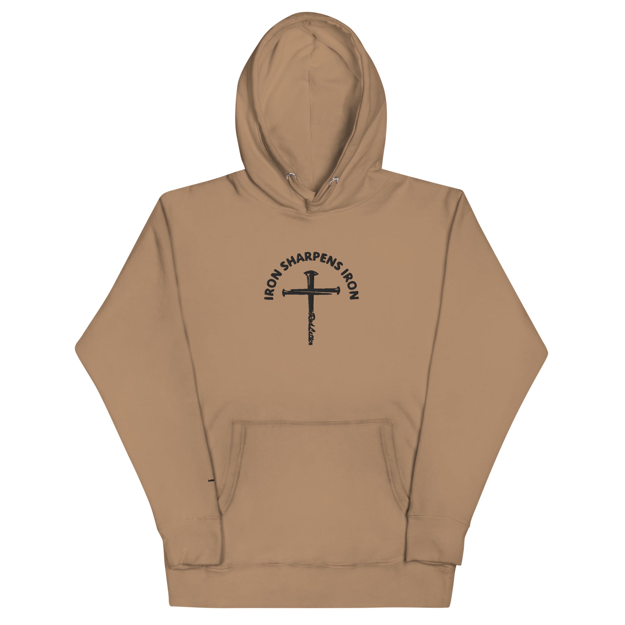 iron sharpens iron, red letter, cross, hoodie, brown