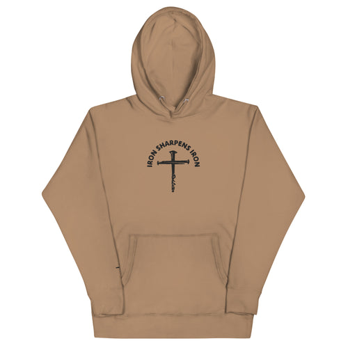 iron sharpens iron, red letter, cross, hoodie, brown