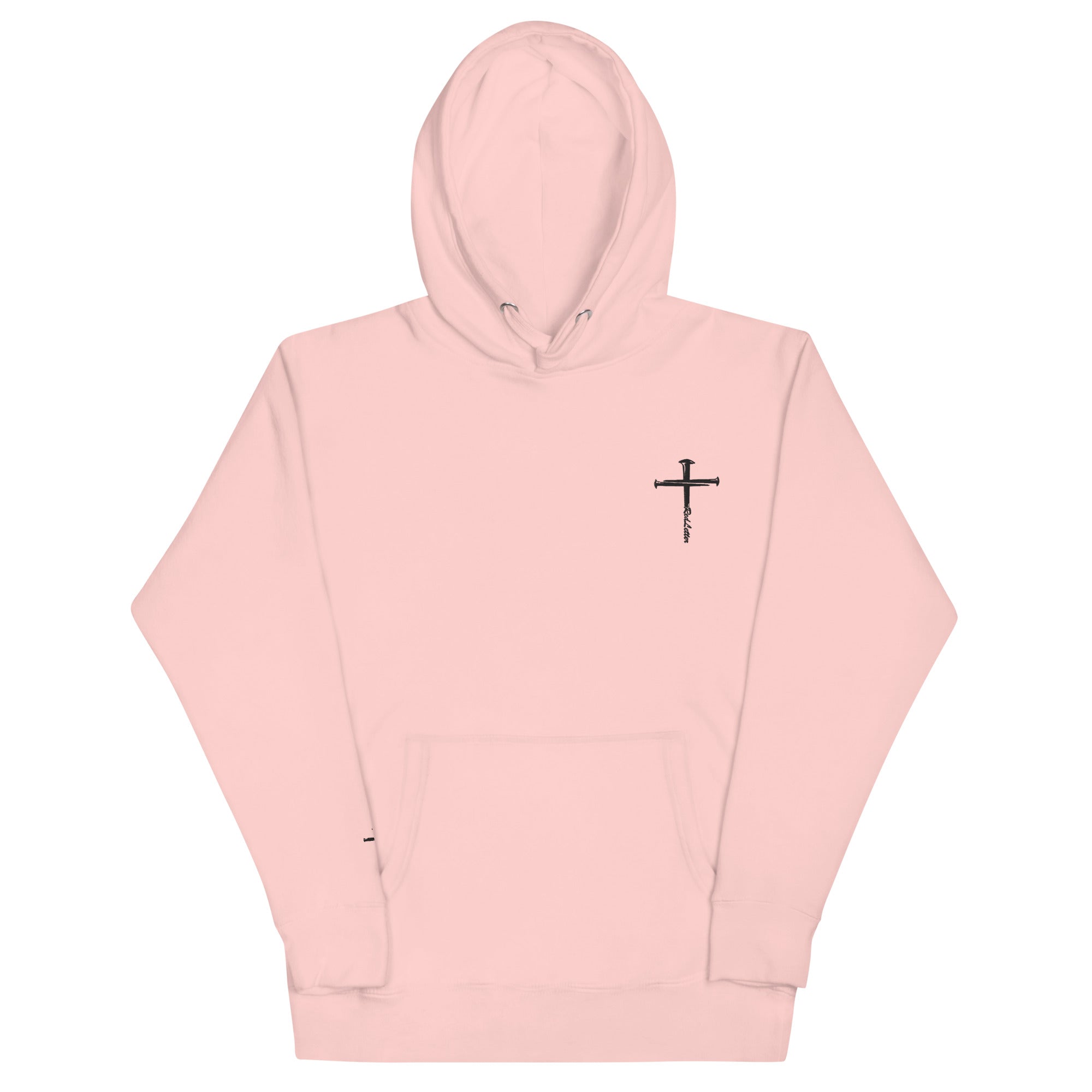 red letter hoodie, nail cross, light pink