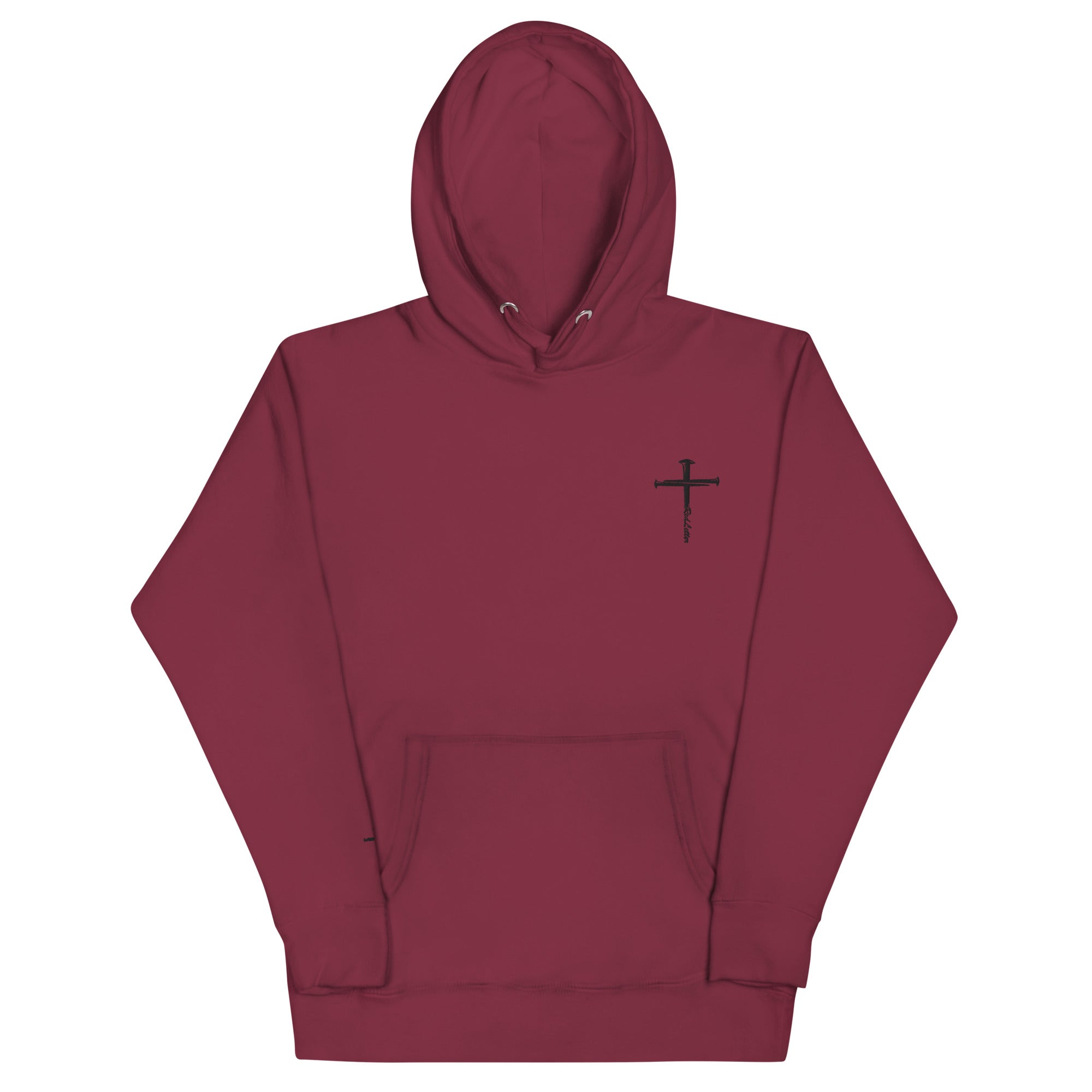 red letter hoodie, nail cross, maroon
