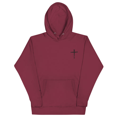 red letter hoodie, nail cross, maroon
