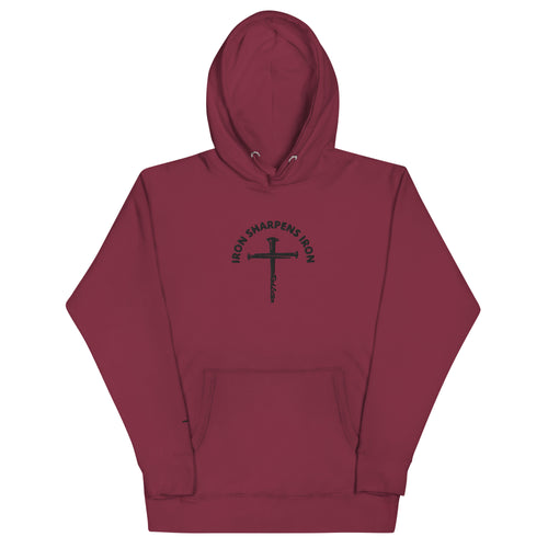 iron sharpens iron, red letter, cross, hoodie, maroon