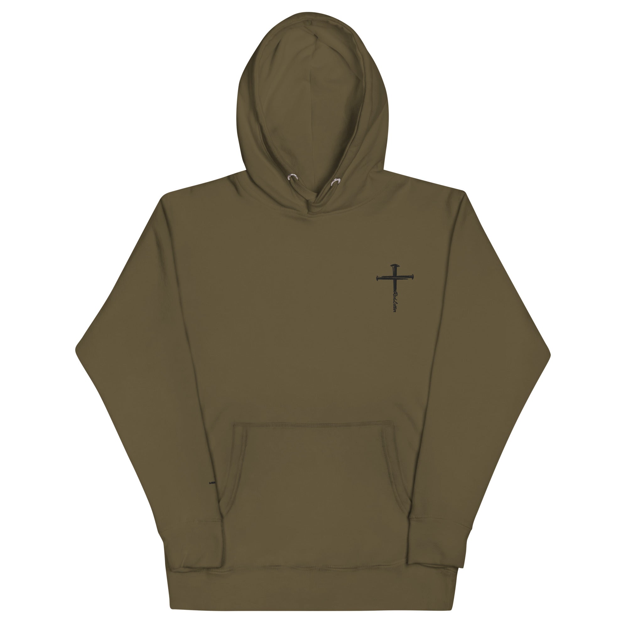red letter hoodie, nail cross, green