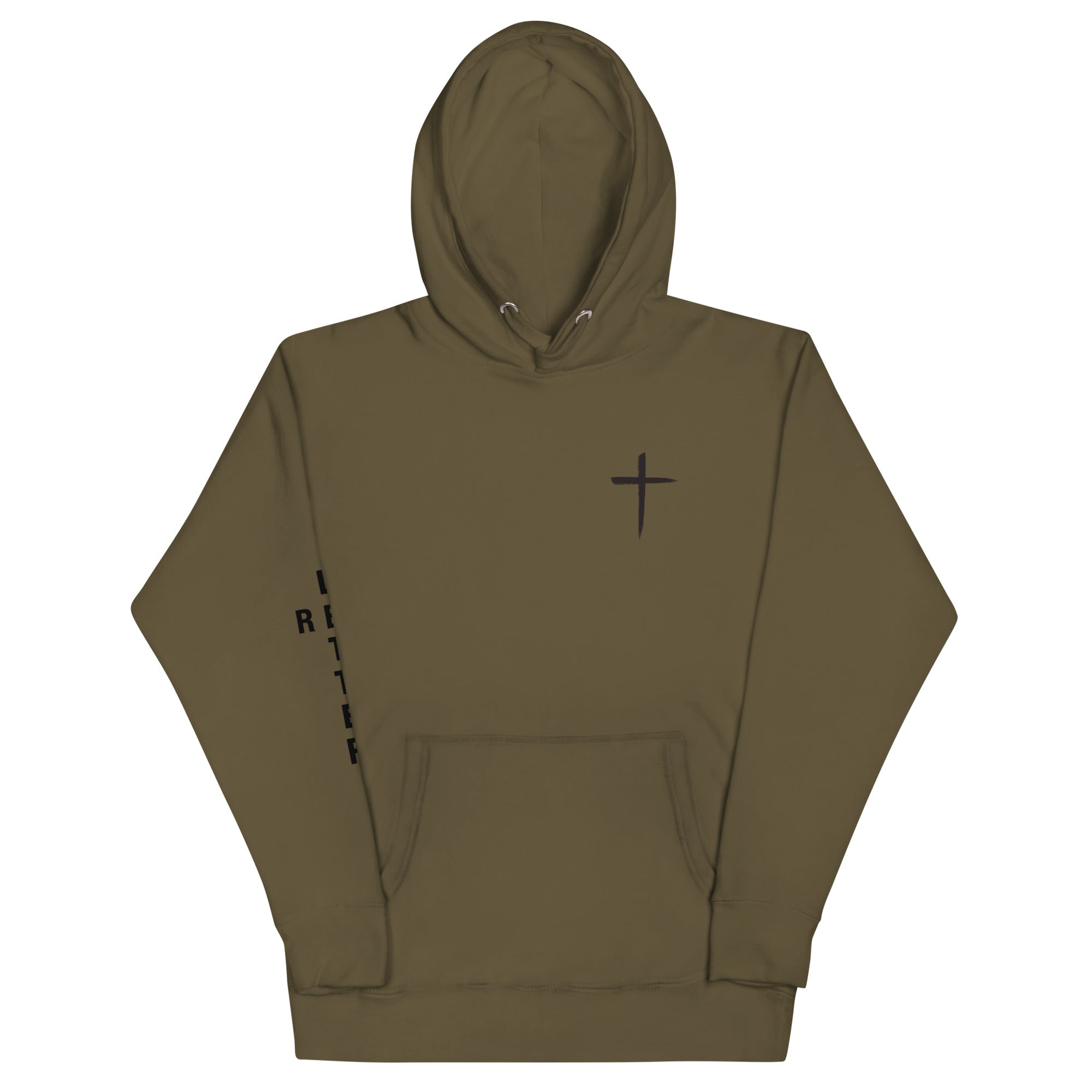 red letter hoodie, cross, green