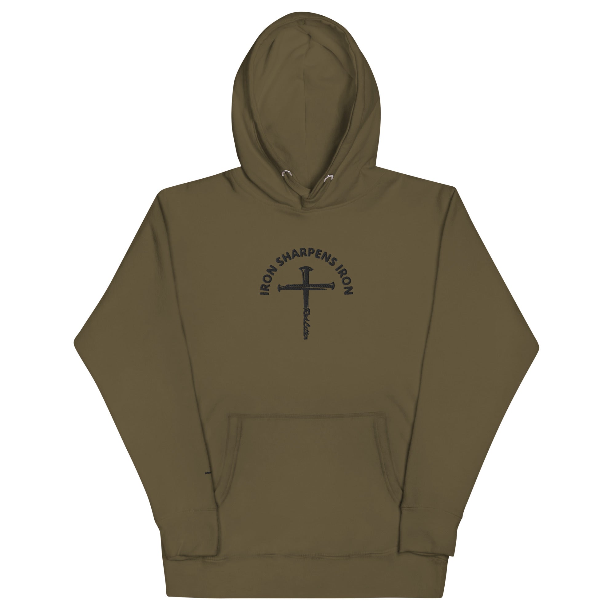 iron sharpens iron, red letter, cross, hoodie, green