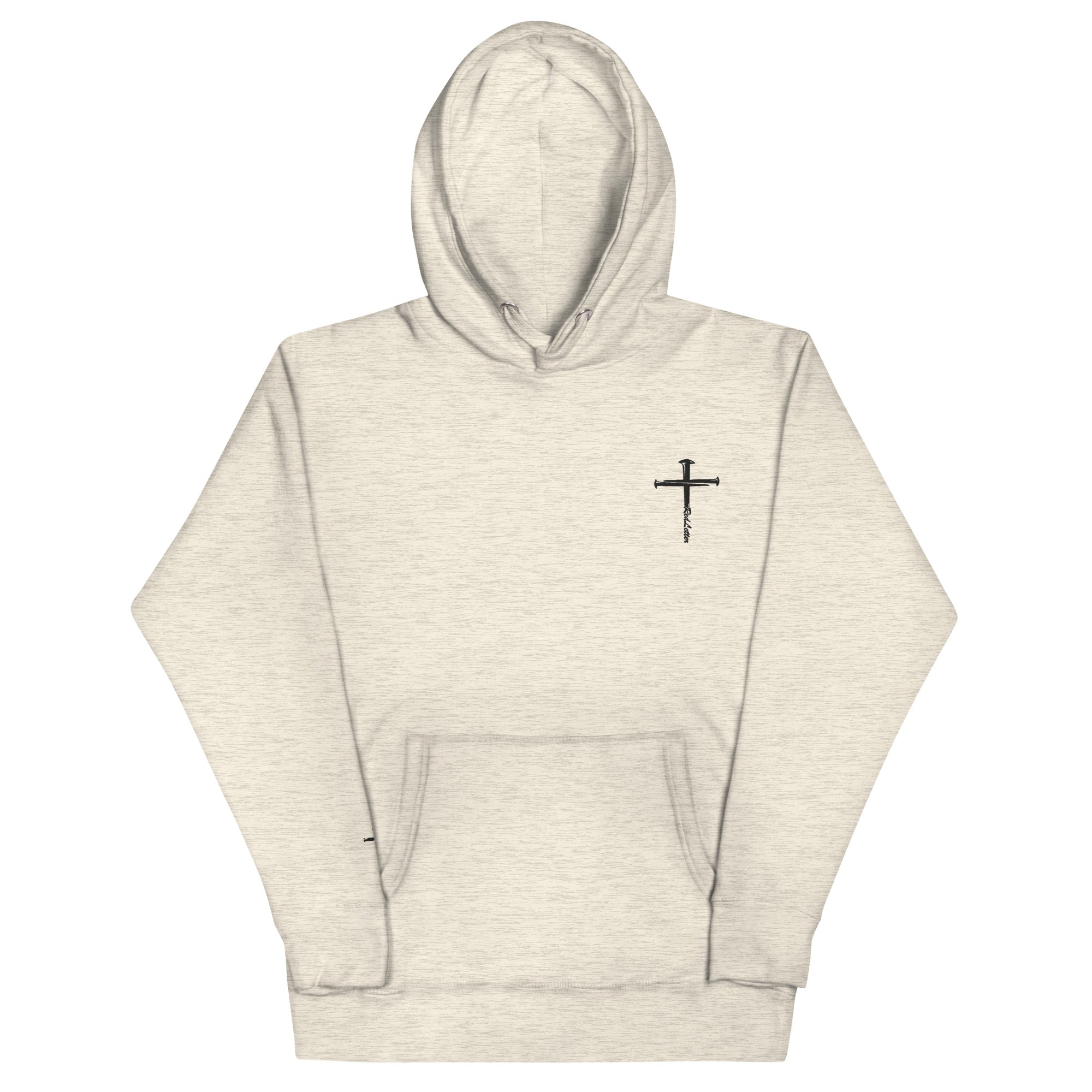 red letter hoodie, nail cross, heathered cream