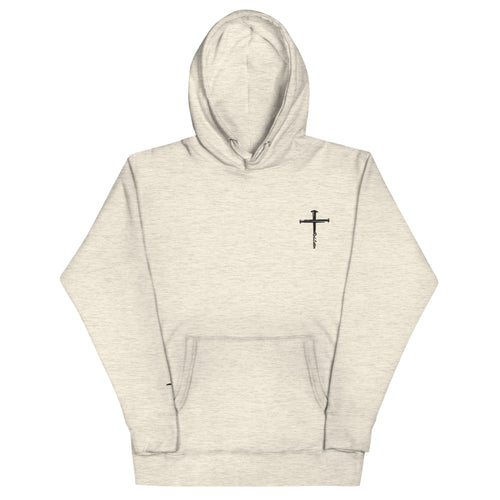 red letter hoodie, nail cross, heathered cream