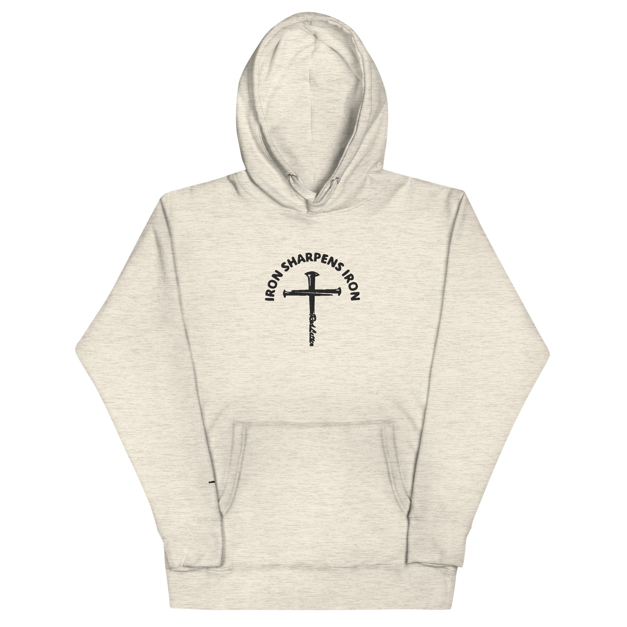 iron sharpens iron, red letter, cross, hoodie, heathered cream
