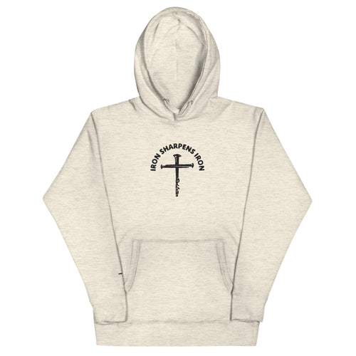 iron sharpens iron, red letter, cross, hoodie, heathered cream