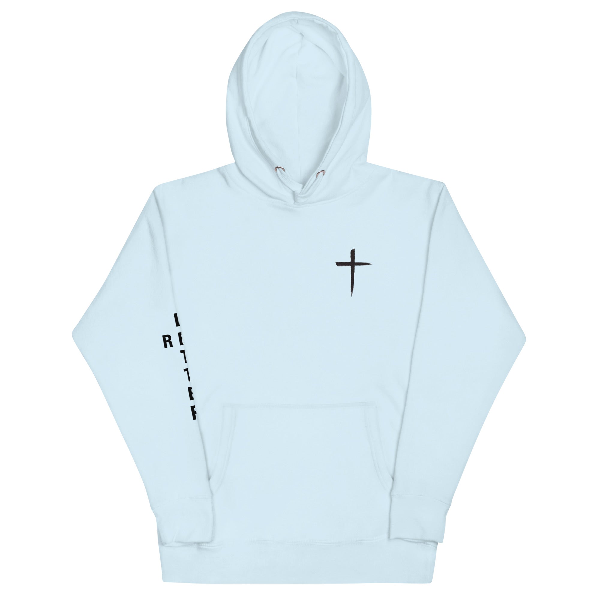 red letter hoodie, cross, light blue