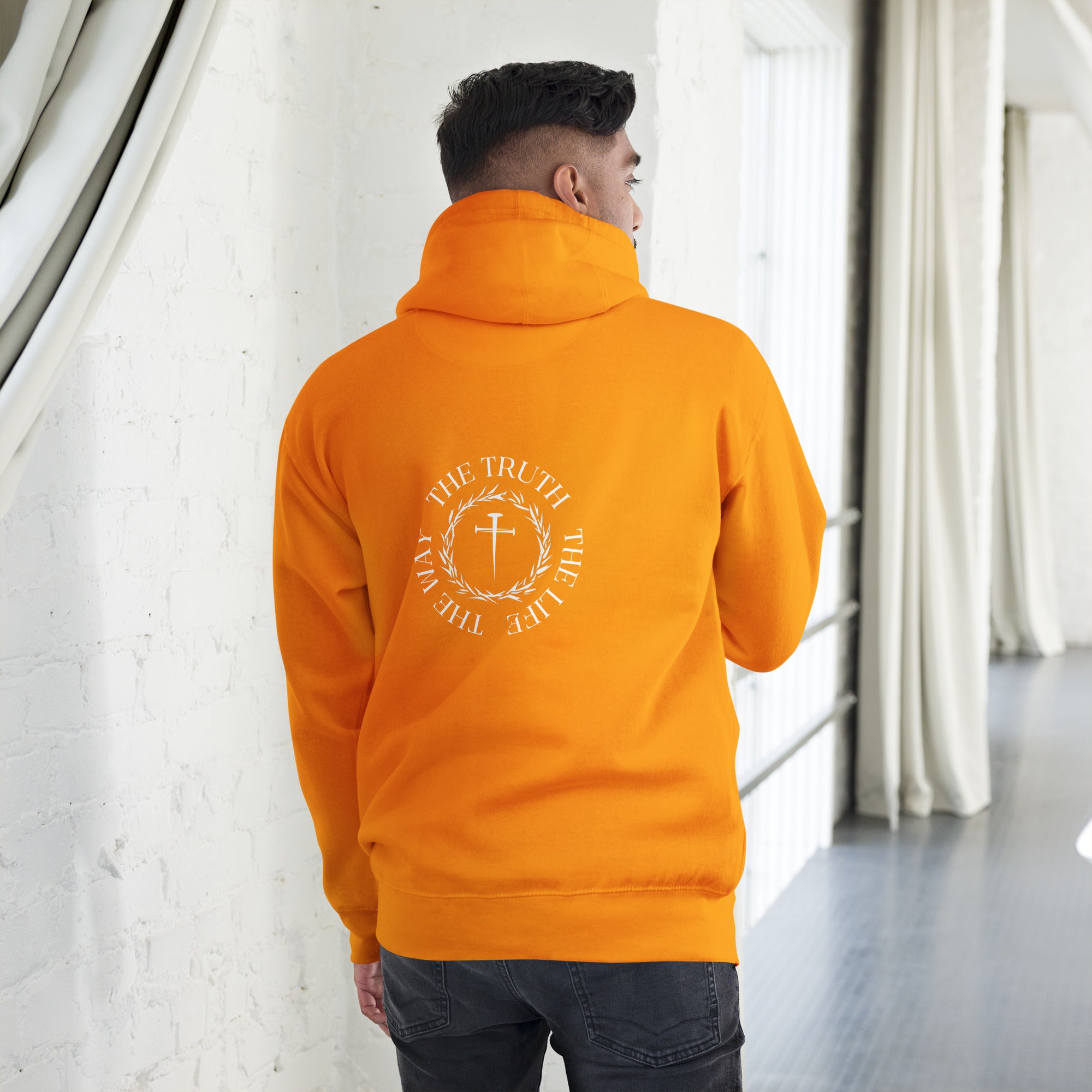 the way the truth the life, cross, hoodie, bright orange