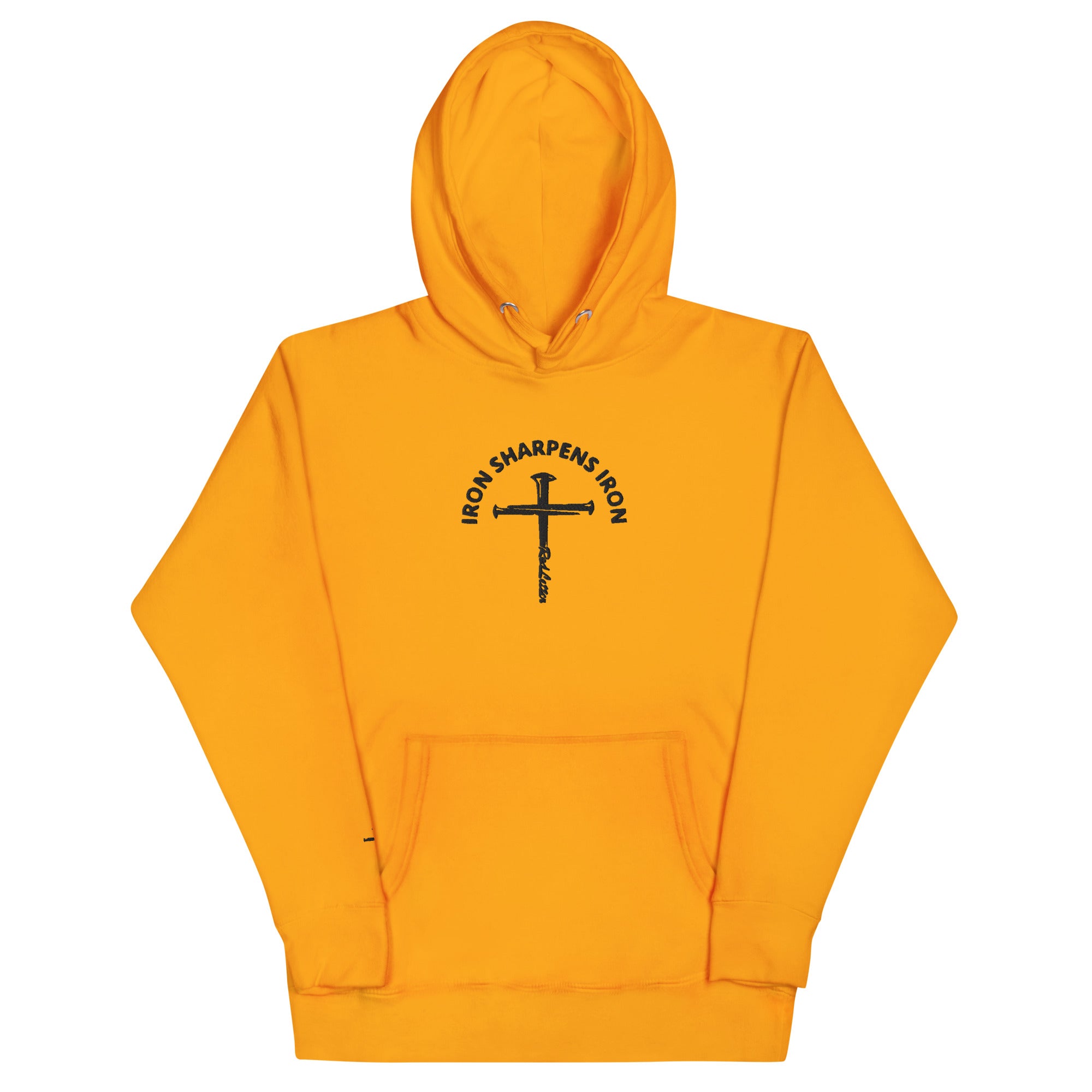iron sharpens iron, red letter, cross, hoodie, orange