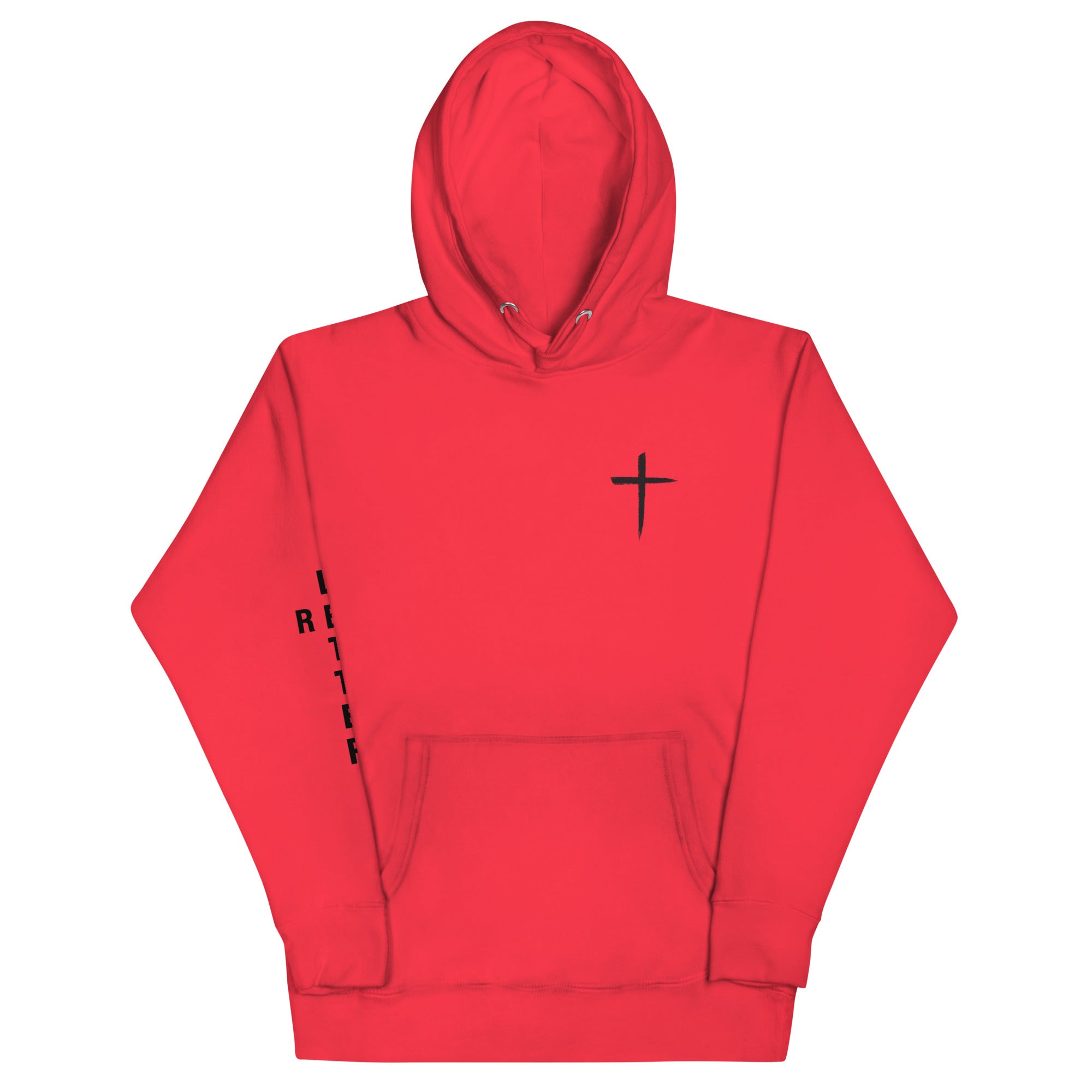 red letter hoodie, cross, bright pink