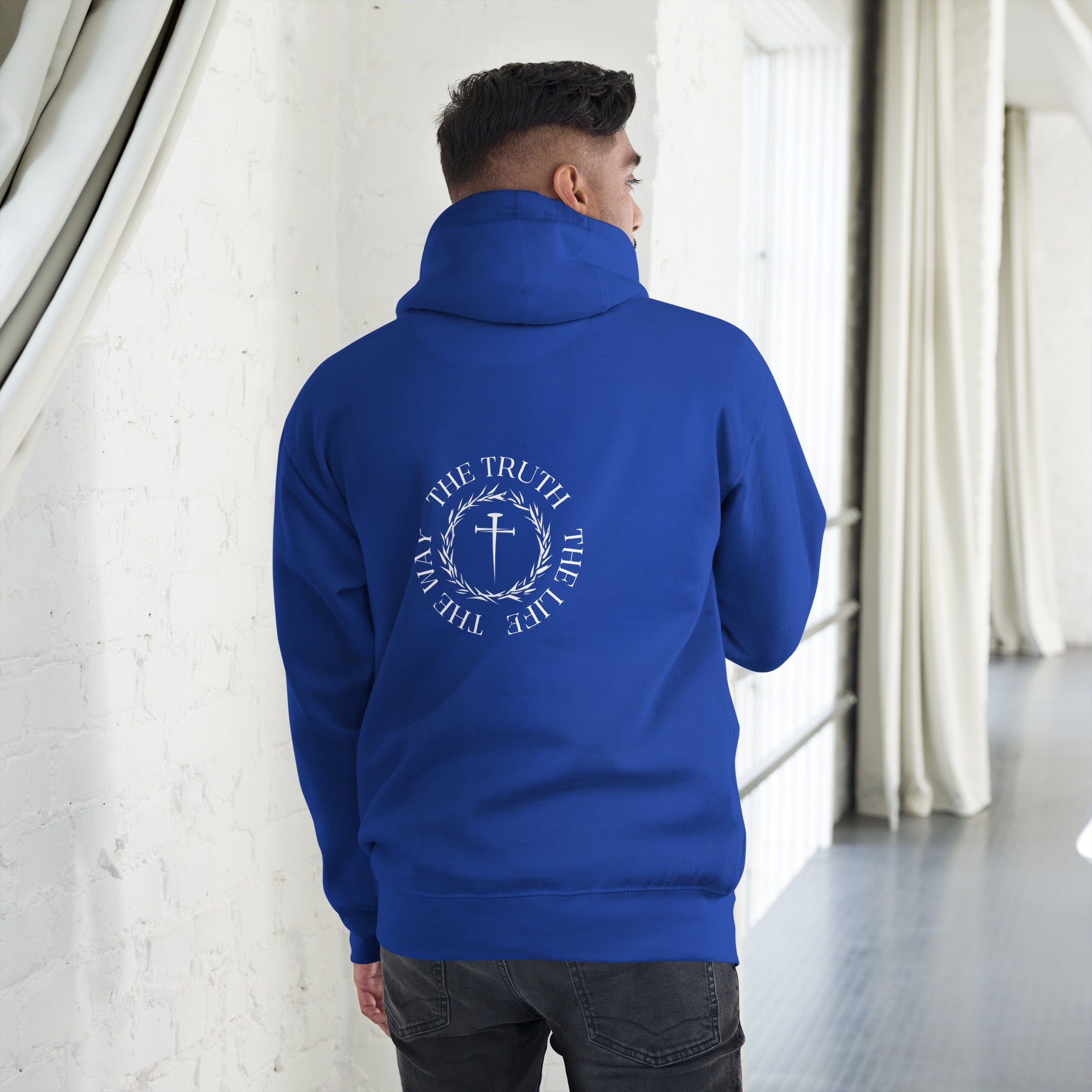 the way the truth the life, cross, hoodie, blue