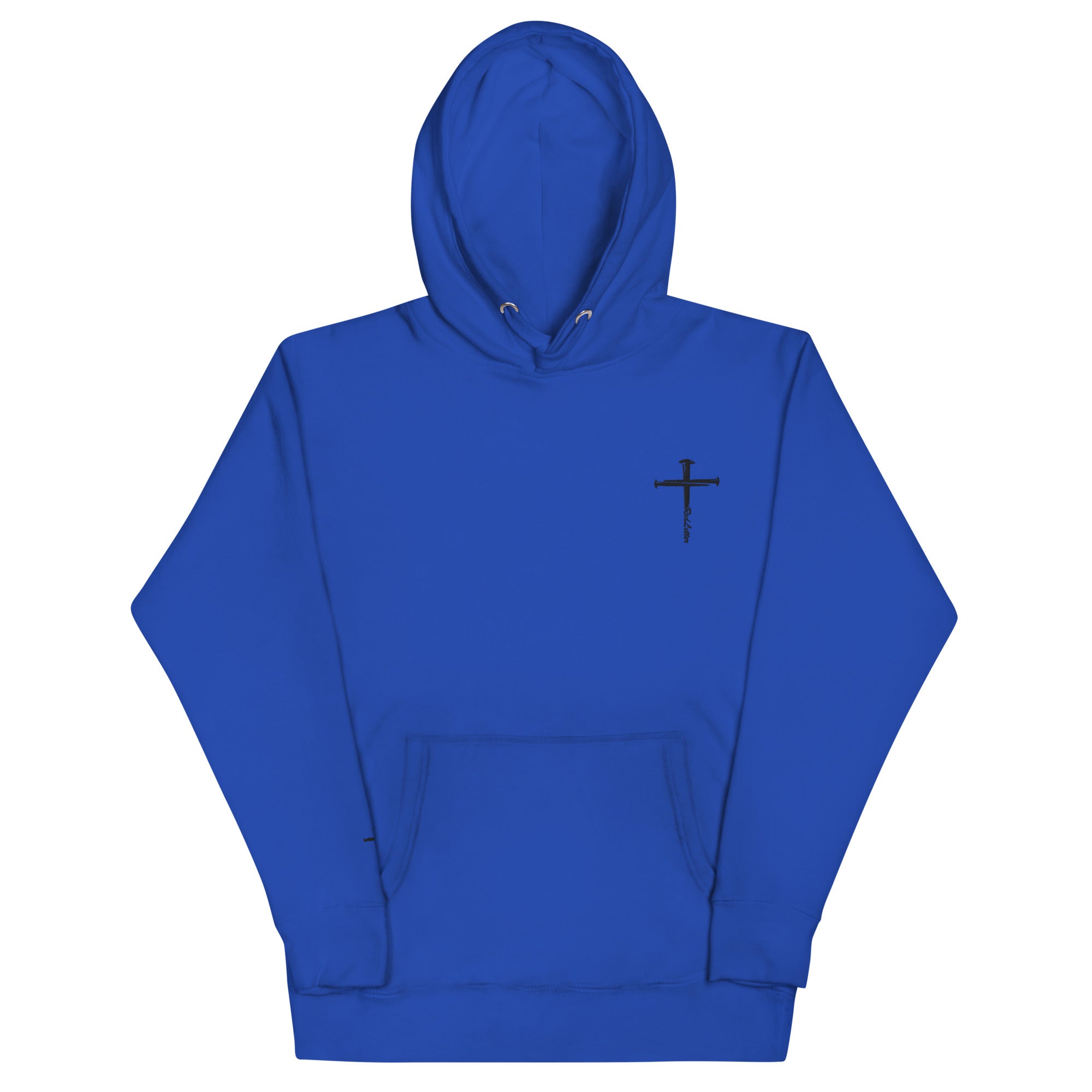 red letter hoodie, nail cross, blue