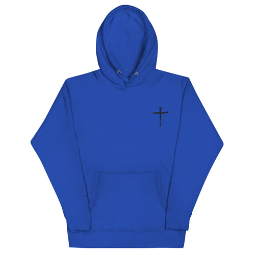 red letter hoodie, nail cross, blue
