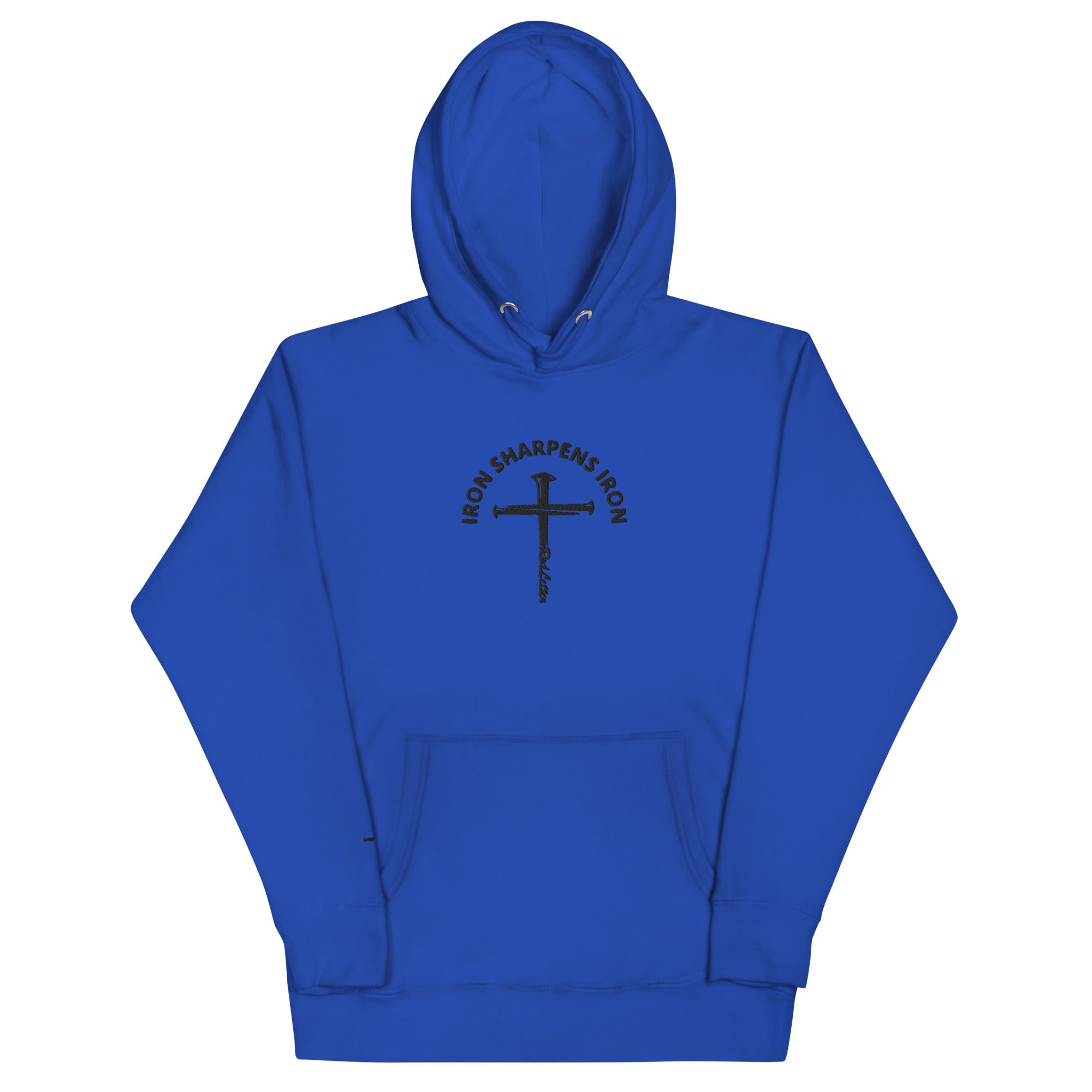 iron sharpens iron, red letter, cross, hoodie, blue
