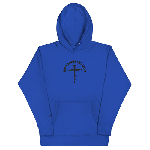 iron sharpens iron, red letter, cross, hoodie, blue