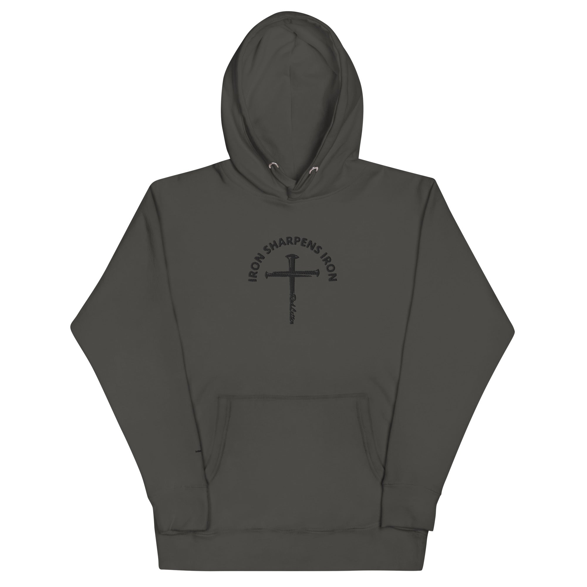 iron sharpens iron, red letter, cross, hoodie, dark gray