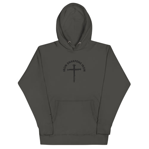 iron sharpens iron, red letter, cross, hoodie, dark gray