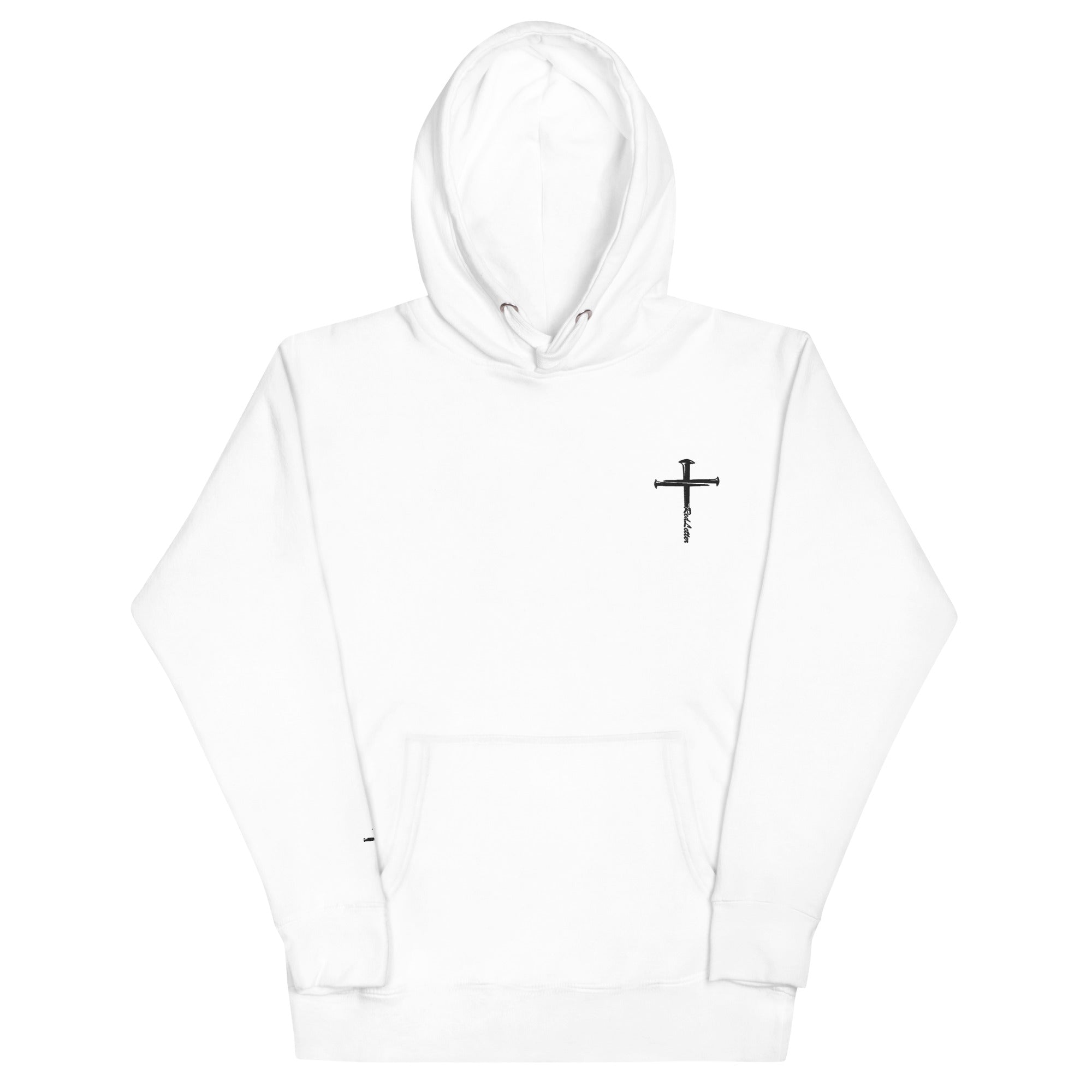 red letter hoodie, nail cross, white