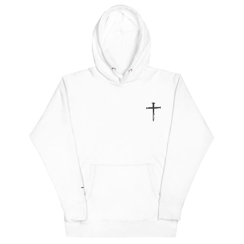 red letter hoodie, nail cross, white