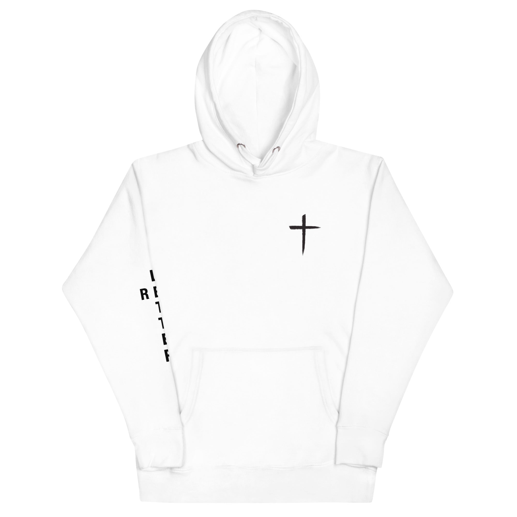 red letter hoodie, cross, white 