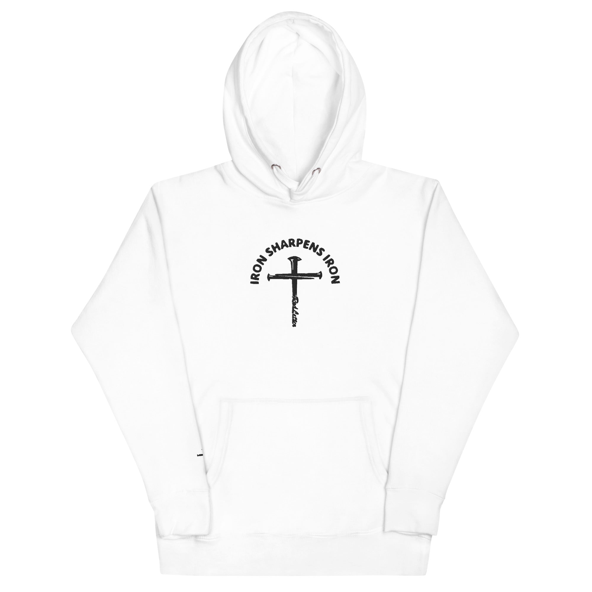 iron sharpens iron, red letter, cross, hoodie, white