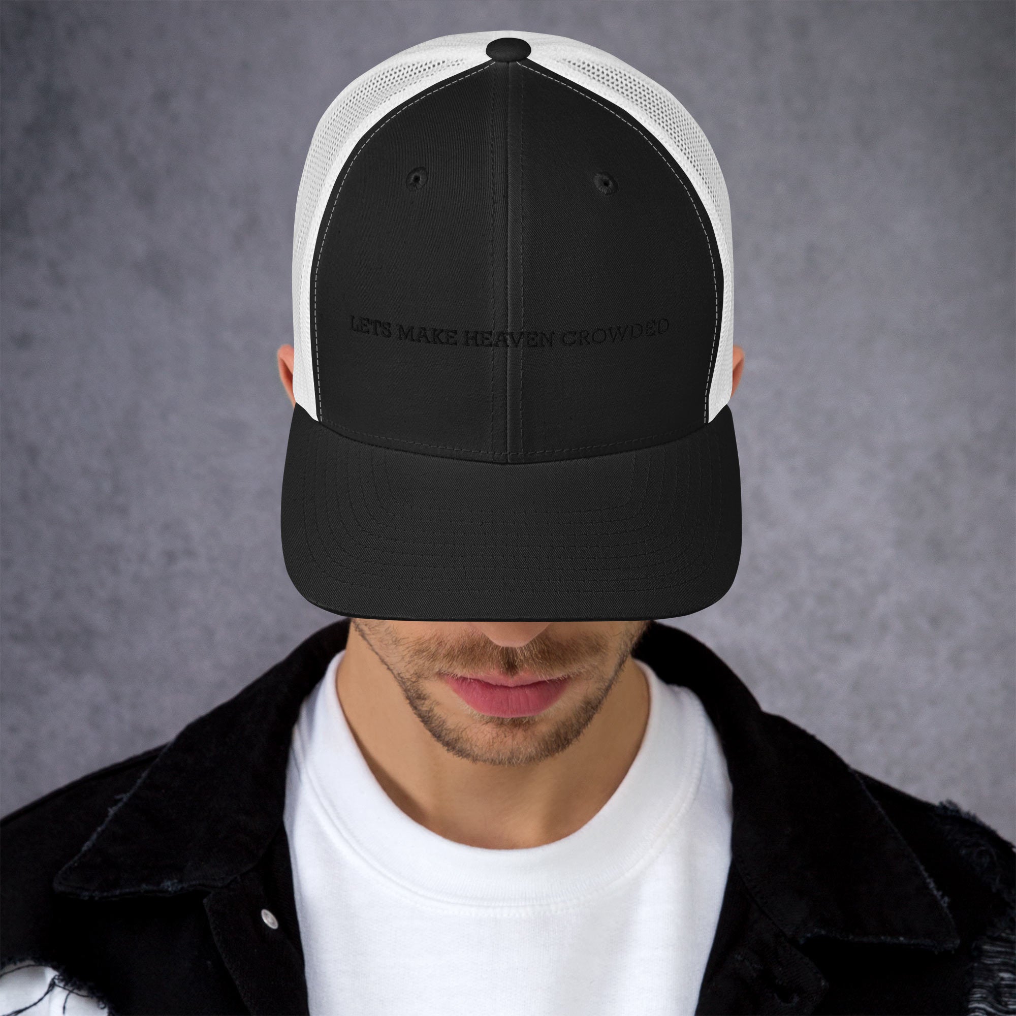 lets make heaven crowded trucker hat, cap, black and white