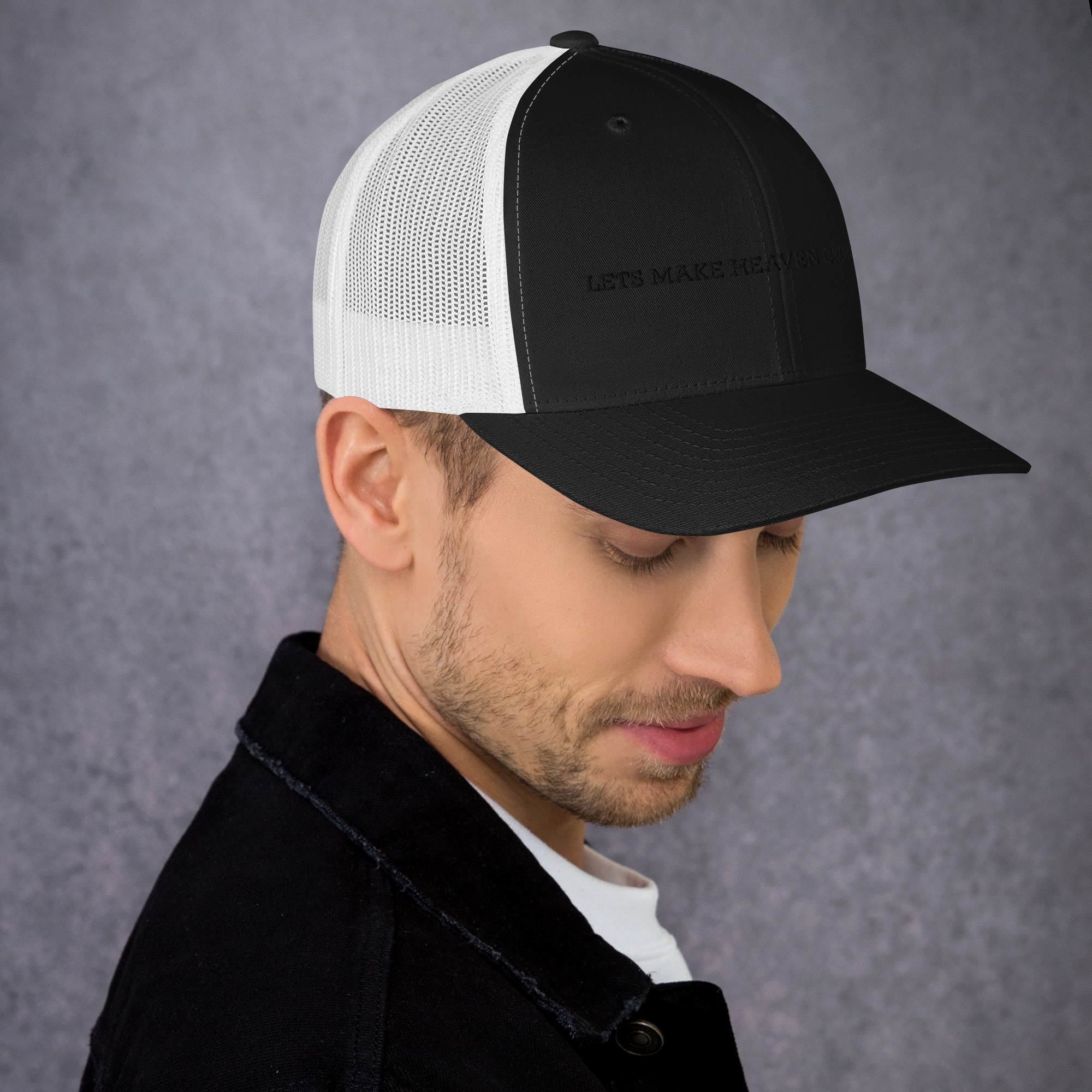 lets make heaven crowded trucker hat, cap, black and white