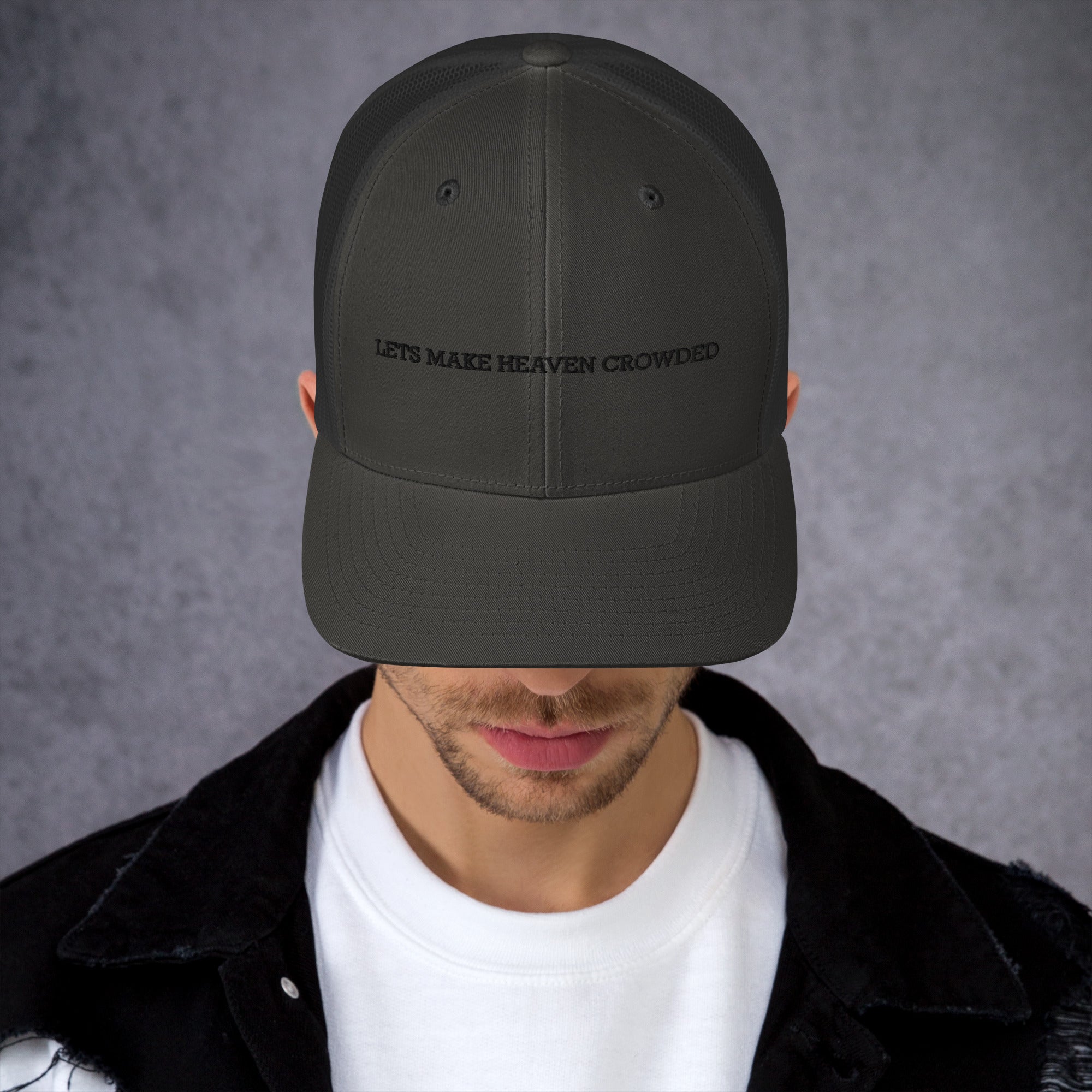 lets make heaven crowded trucker hat, cap, gray