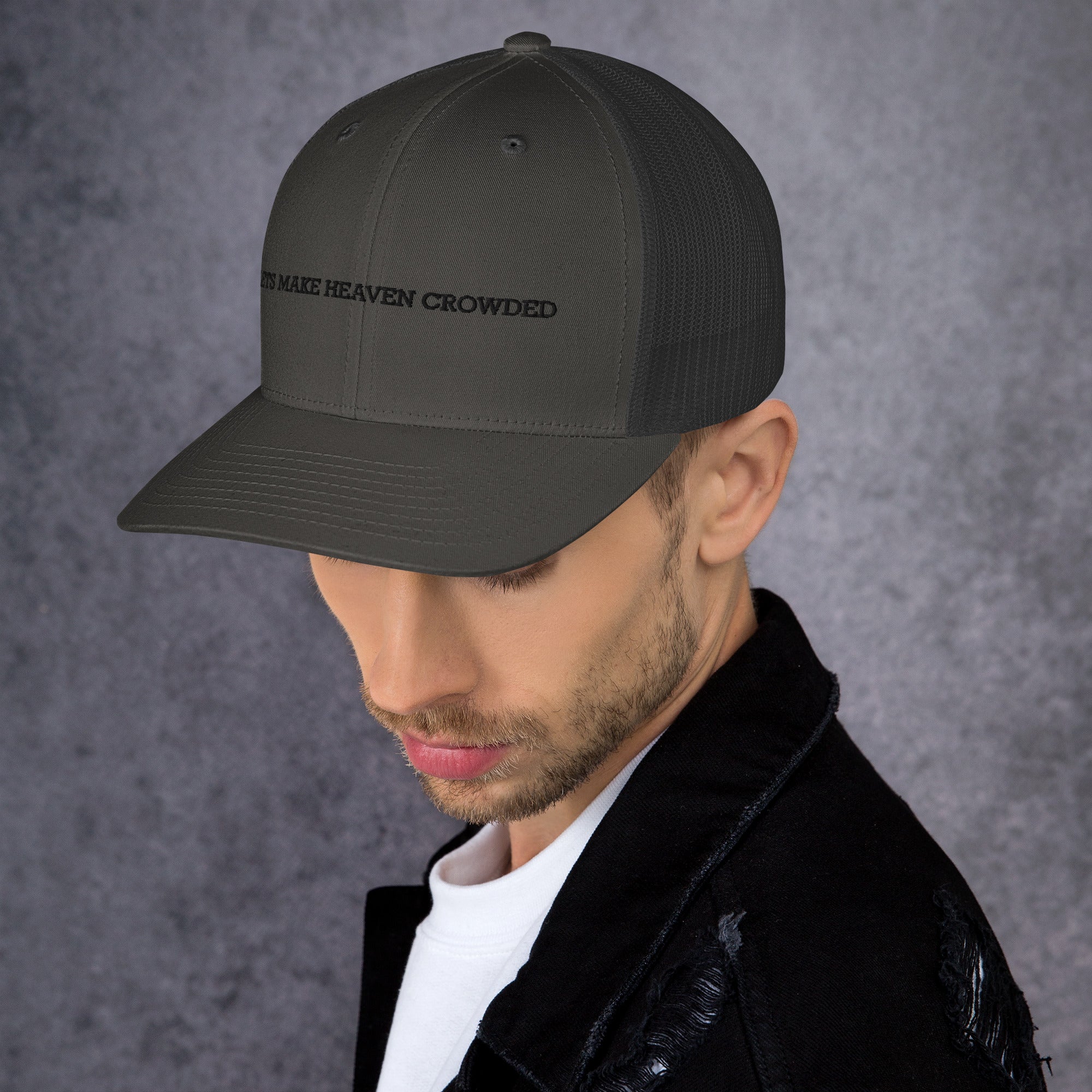 lets make heaven crowded trucker hat, cap, gray