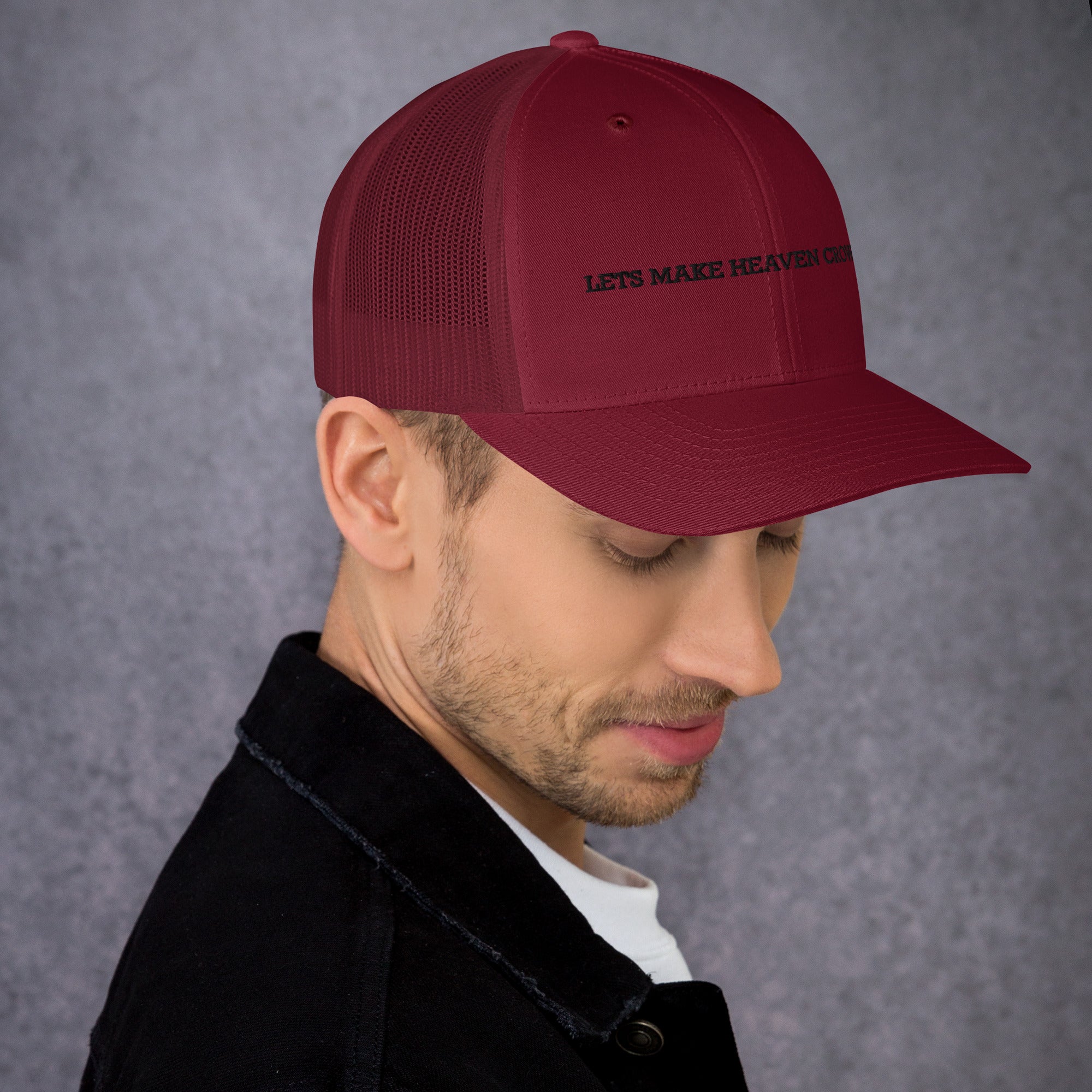 lets make heaven crowded trucker hat, cap, maroon