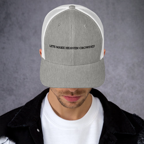 lets make heaven crowded trucker hat, cap, heathered gray and white
