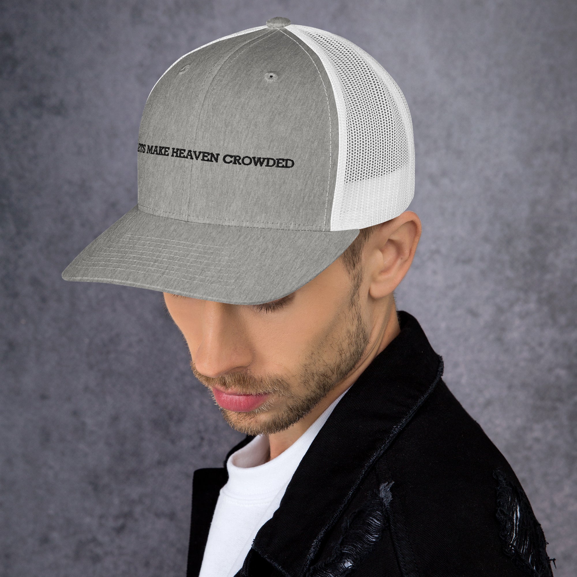lets make heaven crowded trucker hat, cap, gray and white
