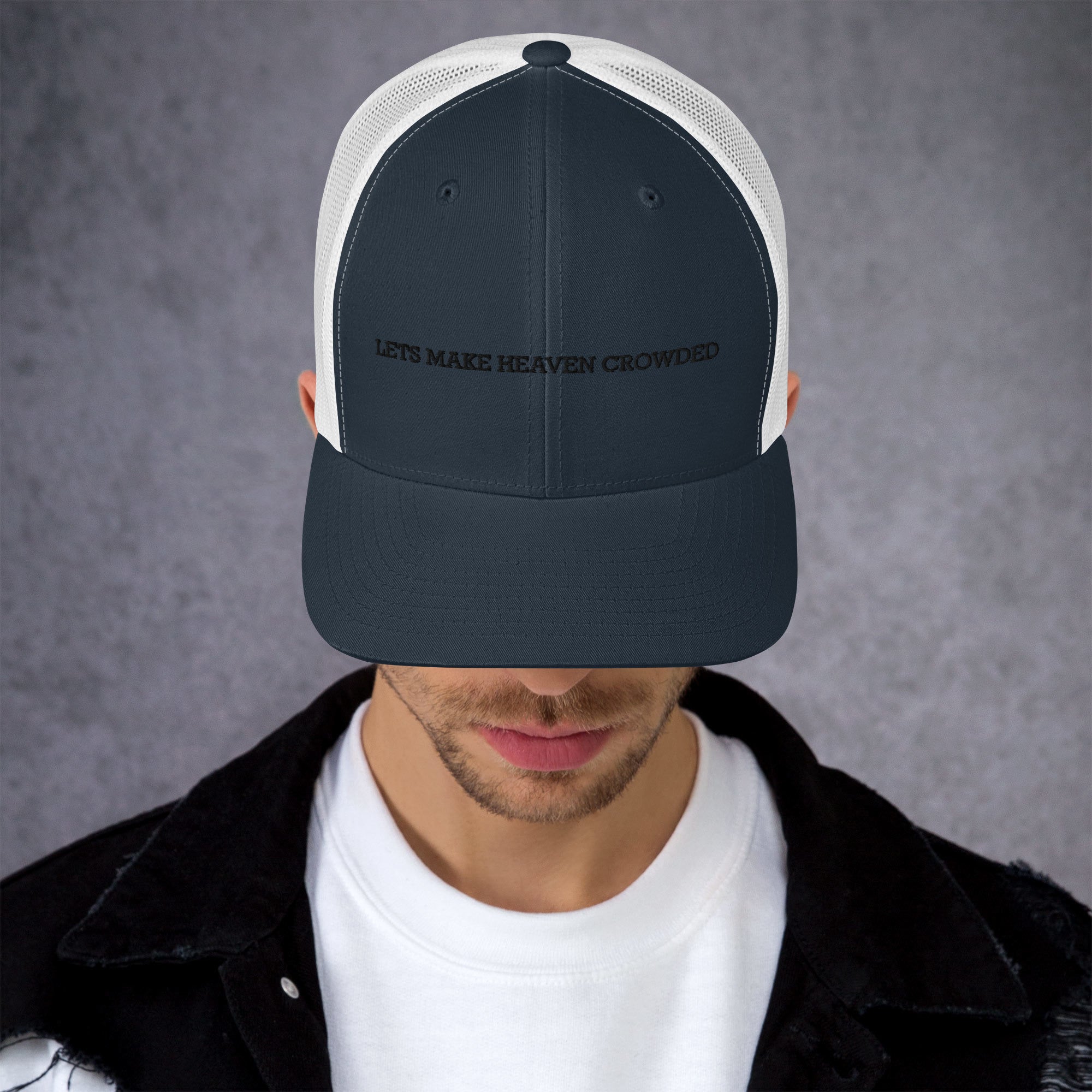 lets make heaven crowded trucker hat, cap, blue and white