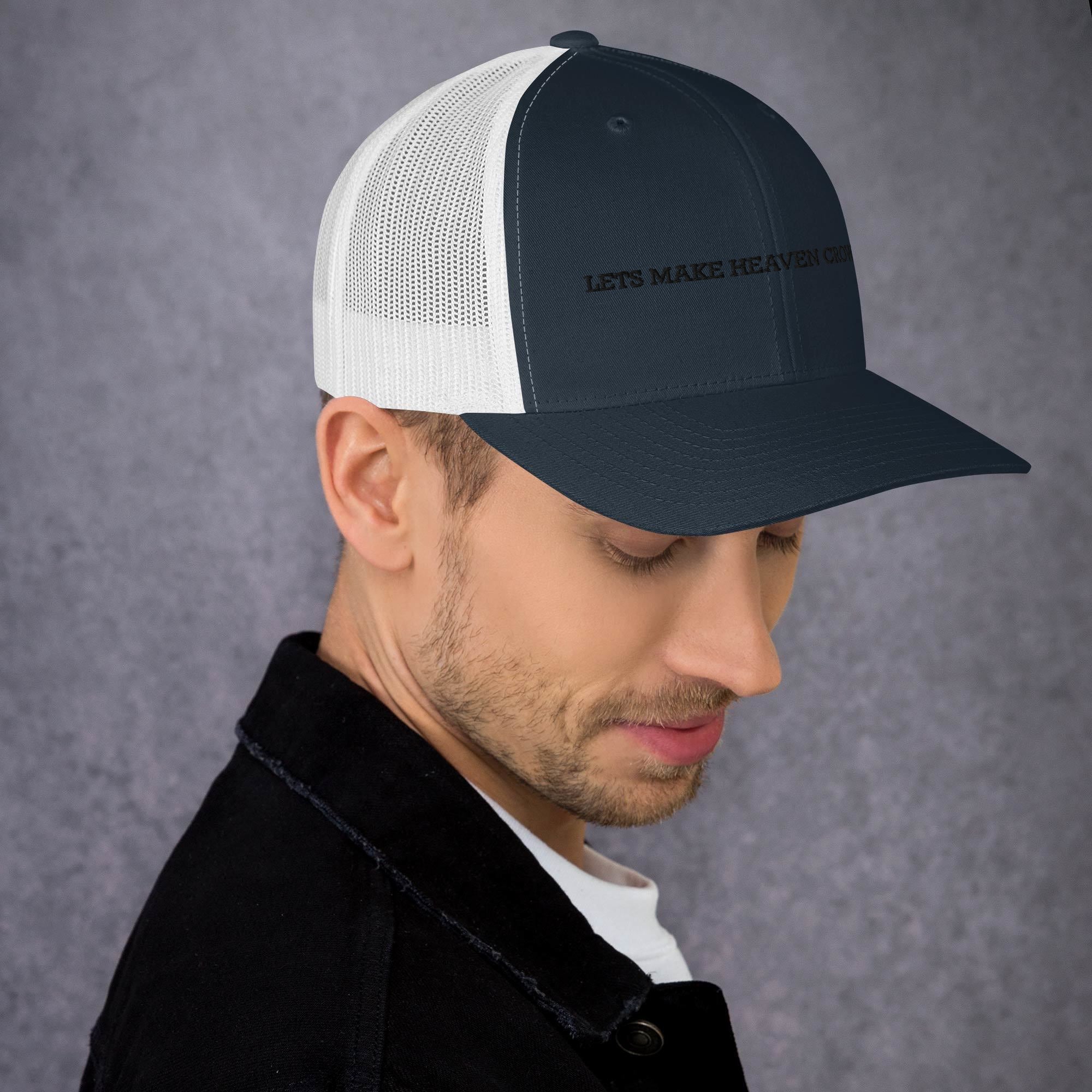 lets make heaven crowded trucker hat, cap, blue and white
