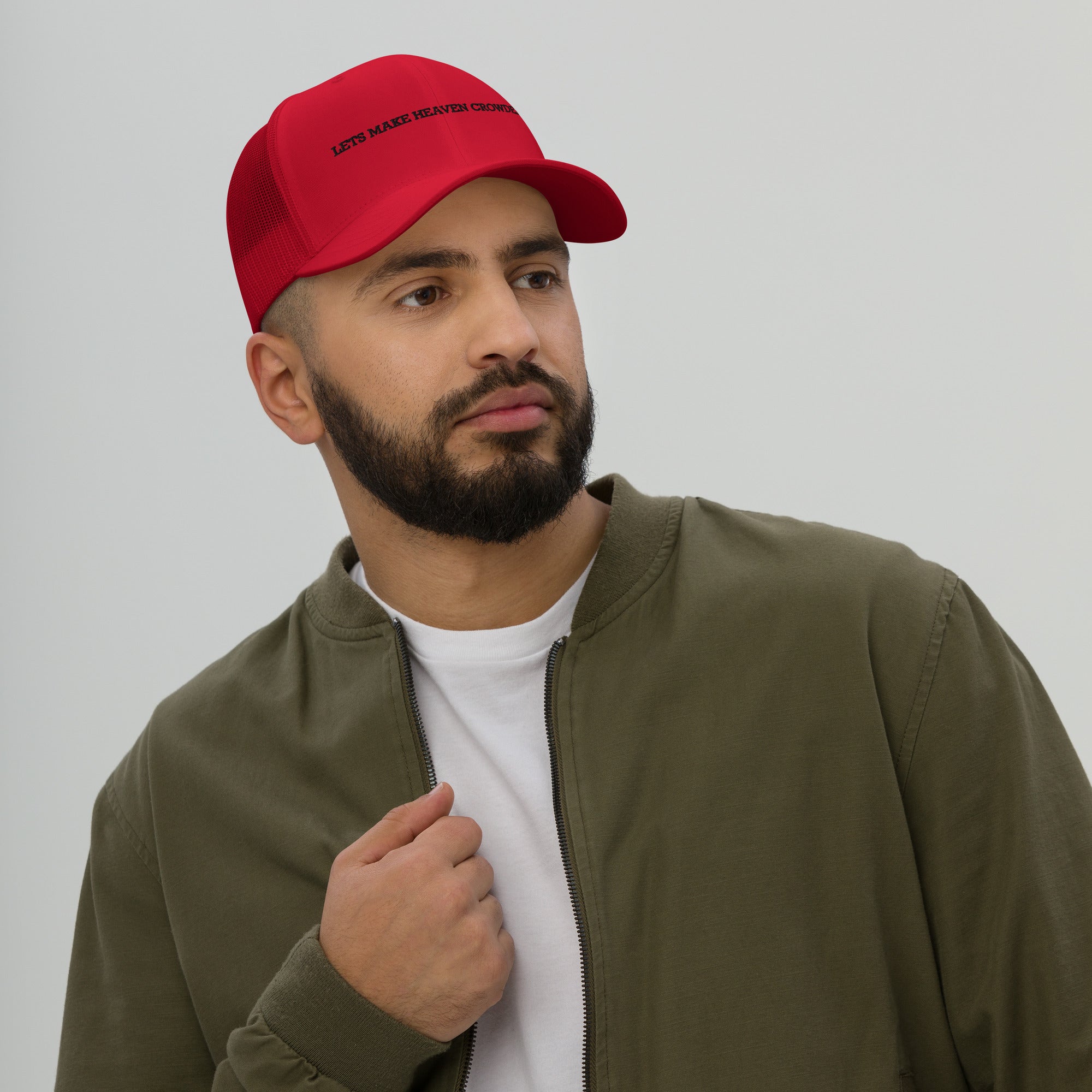 lets make heaven crowded trucker hat, cap, red