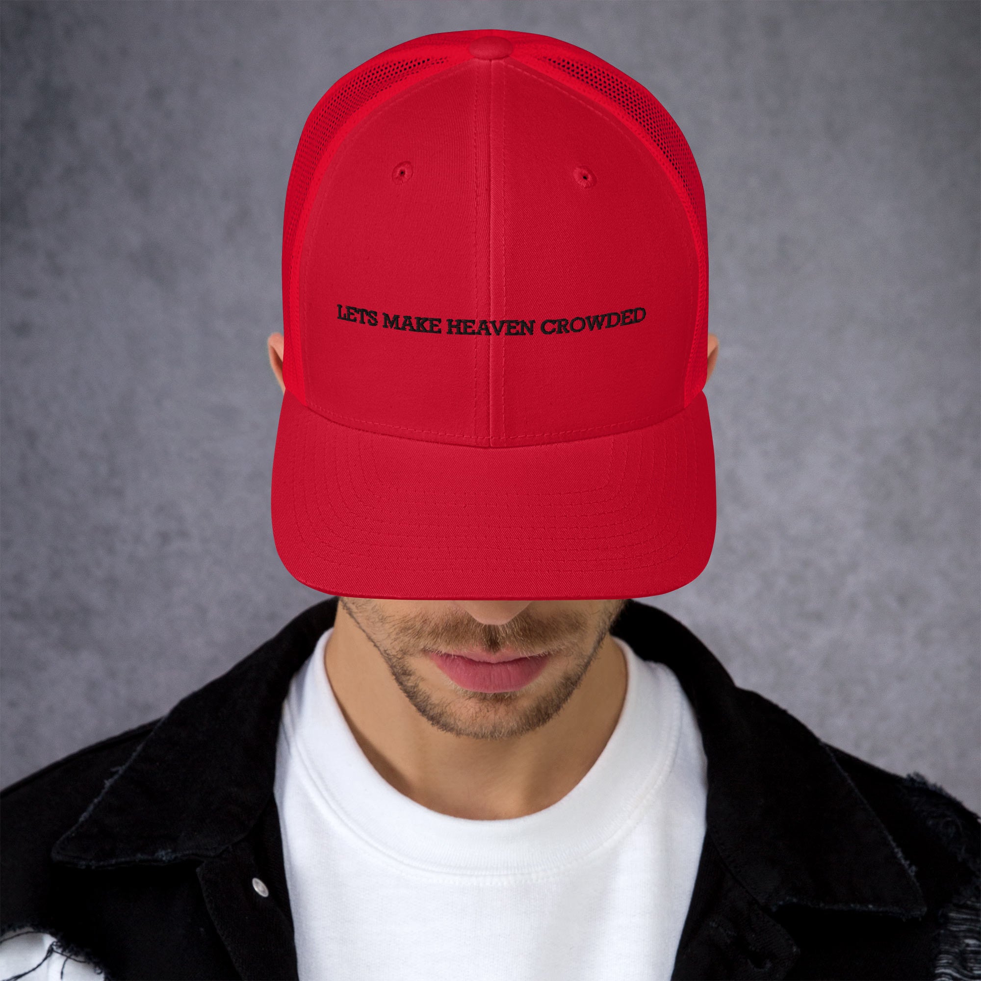 lets make heaven crowded trucker hat, cap, red