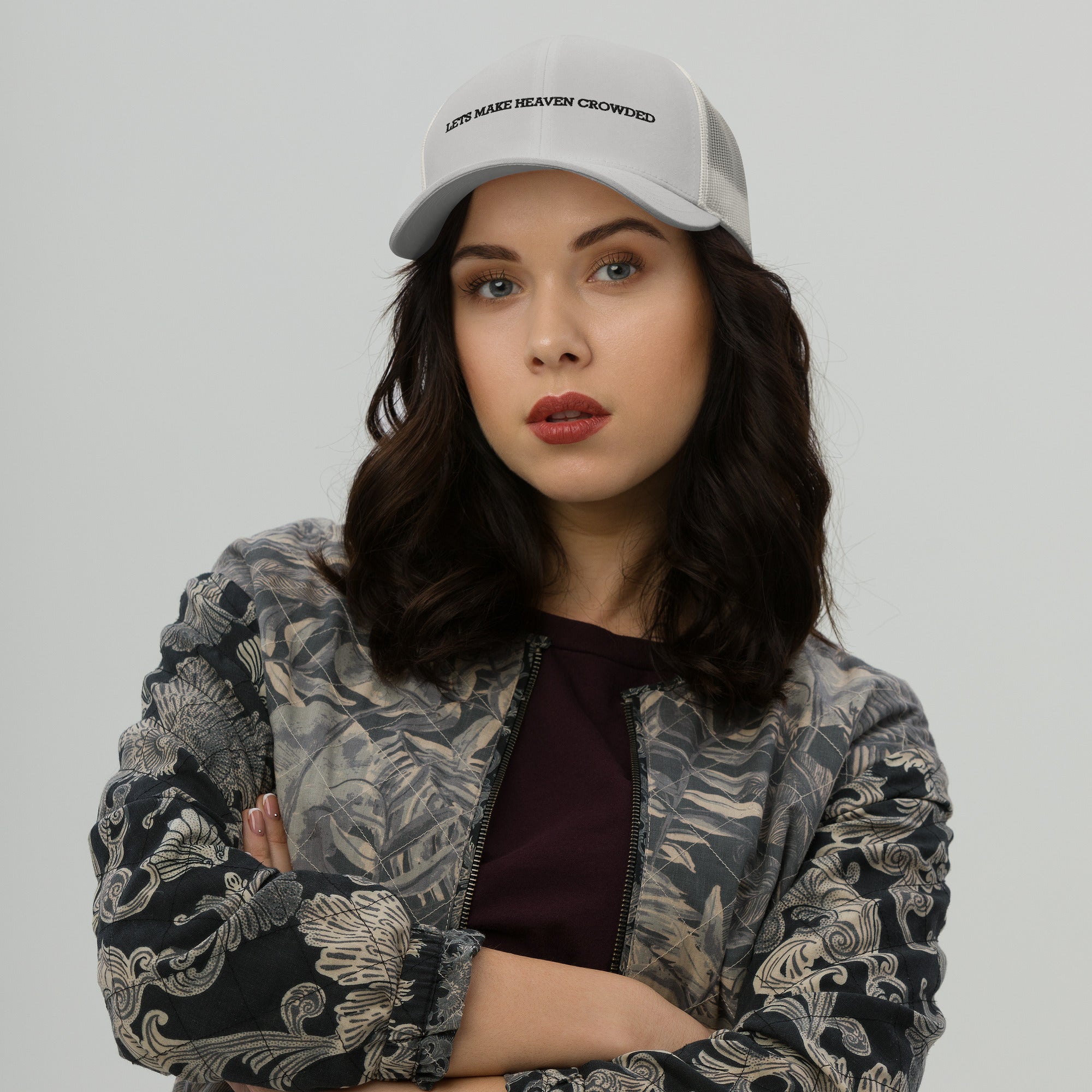 lets make heaven crowded trucker hat, cap, white