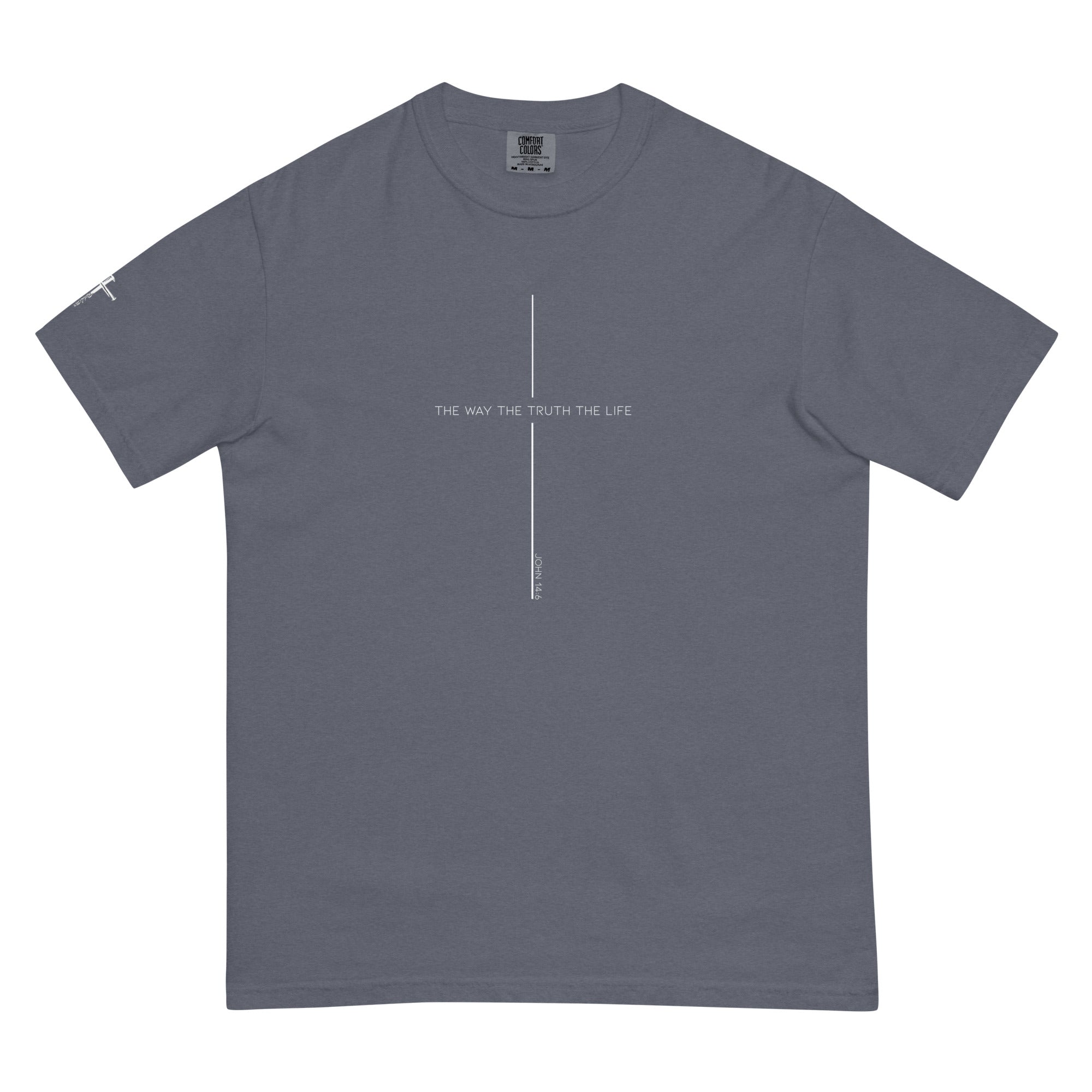 The way the truth the life, cross, t-shirt, faded blue, gray
