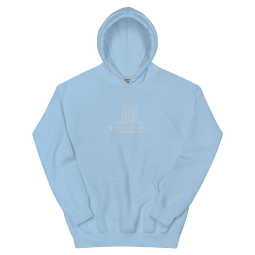 walkin in faith, walking in faith, 2 Corinthians 5:7, hoodie, light blue