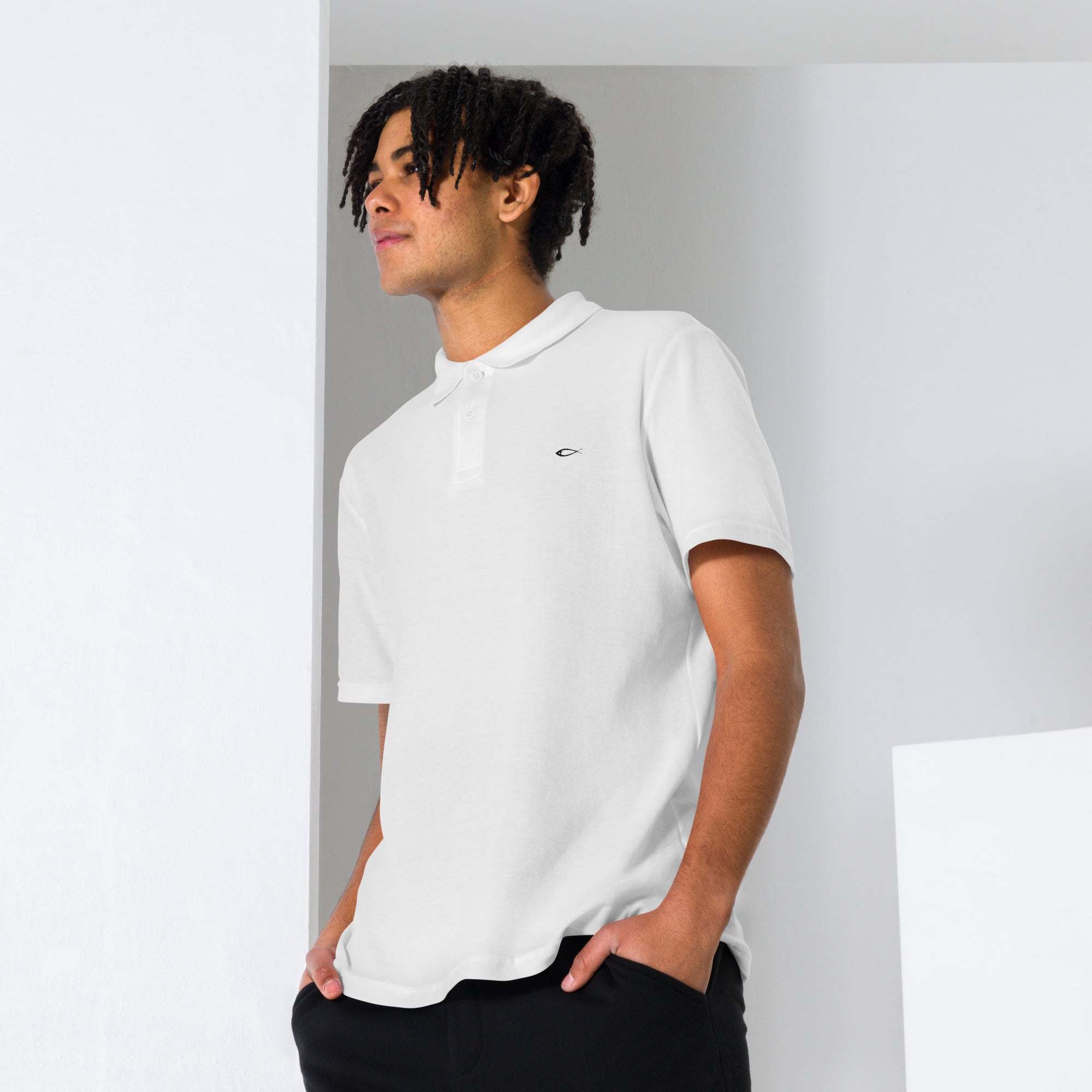 fisher of man, fish symbol polo, white